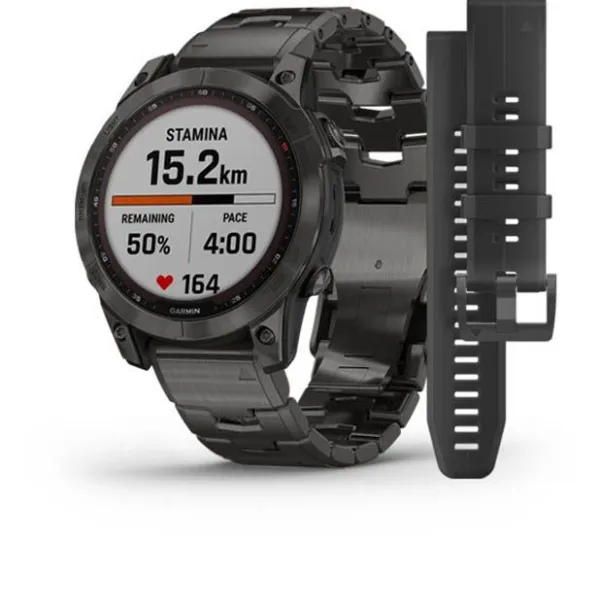 Garmin Fenix 7 Sapphire Solar Hiilenharmaa DLC-titaani Ja Titaaniranneke + Silikoniranneke 010-02540-39 Sale